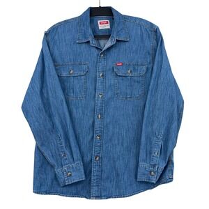 Wrangler Denim Button Down Mens Large Cotton Polyester Blue Shirt